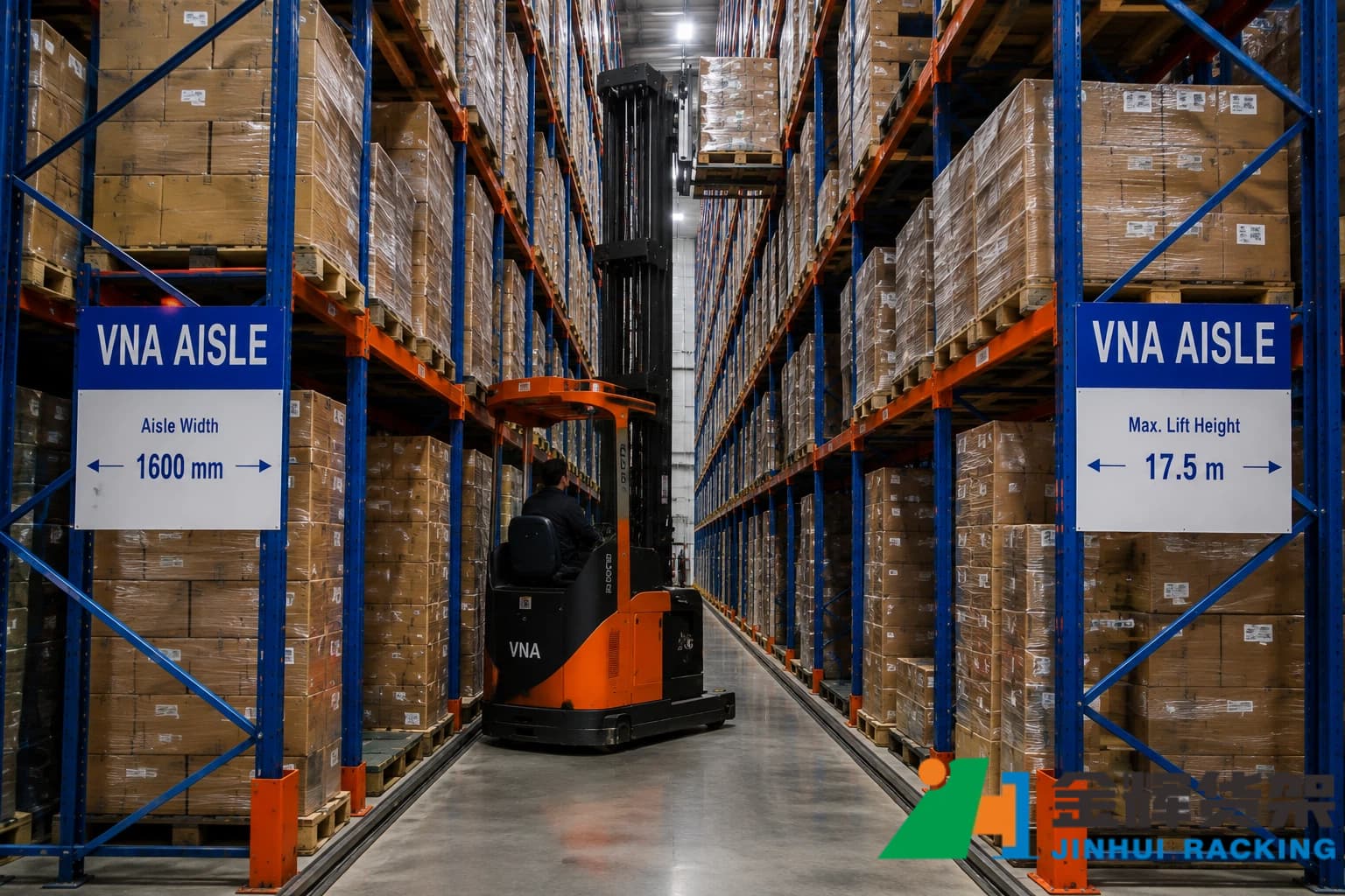 VNA turret forklift operating inside very narrow aisle pallet racking system VNA turret forklift operating inside very narrow aisle pallet racking system