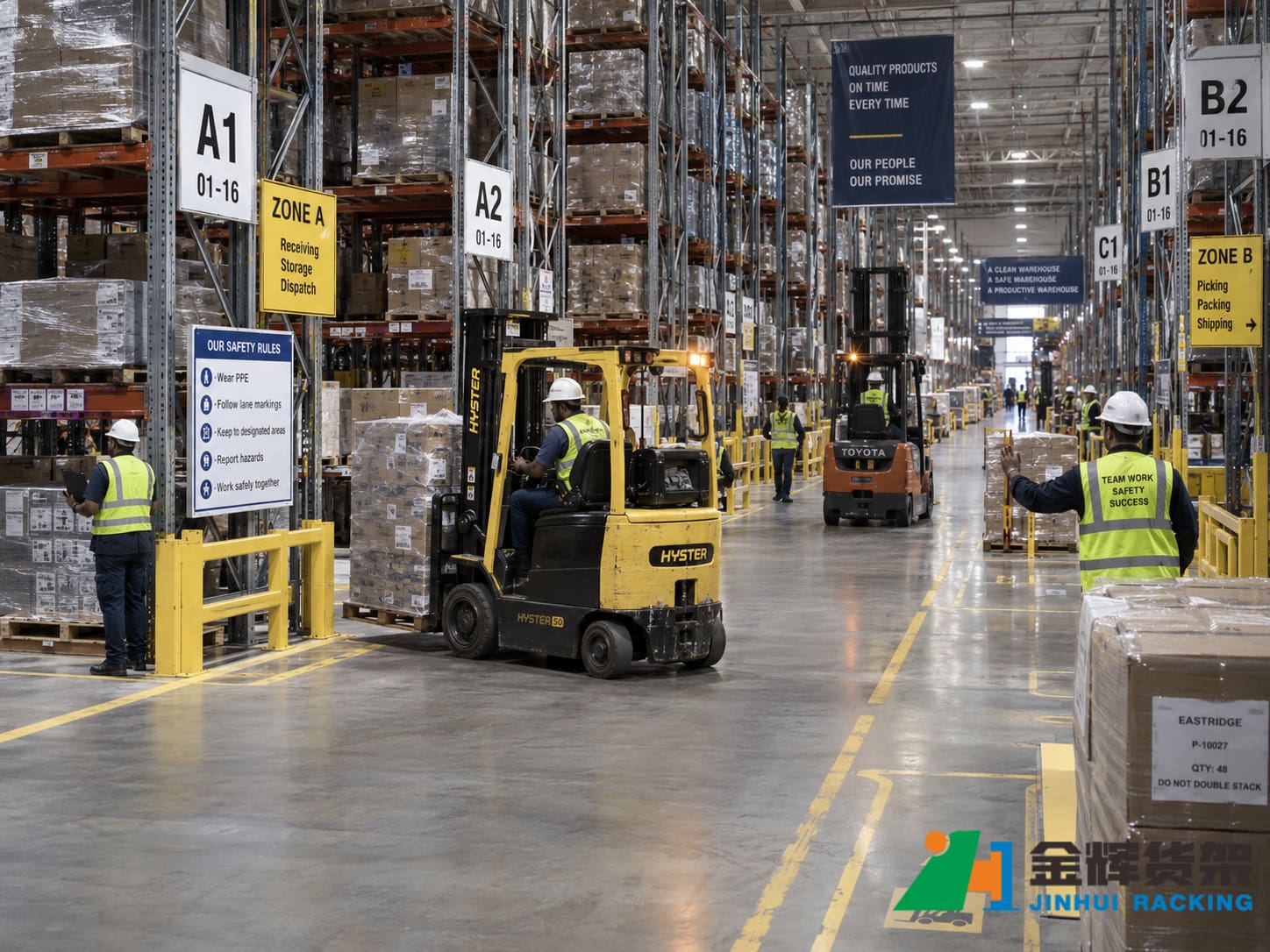 Multi-shift warehouse operation with organized pallet racks forklift traffic and clearly defined storage zones Multi-shift warehouse operation with organized pallet racks forklift traffic and clearly defined storage zones