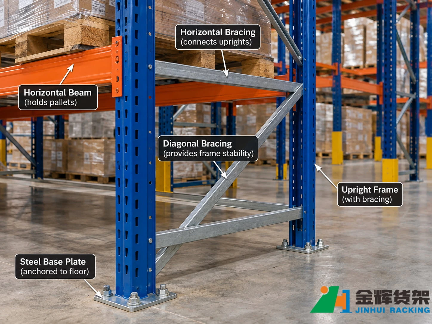 Pallet rack upright frame with horizontal and diagonal bracing supporting warehouse rack stability Pallet rack upright frame with horizontal and diagonal bracing supporting warehouse rack stability