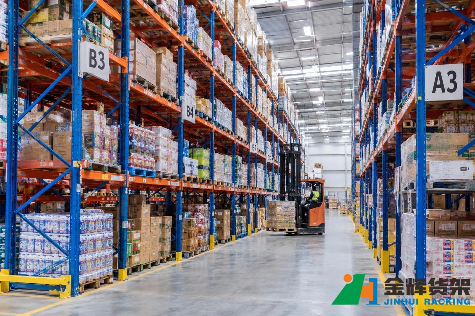 Pallet racking system organized for mixed SKU inventory in a retail distribution center Pallet racking system organized for mixed SKU inventory in a retail distribution center